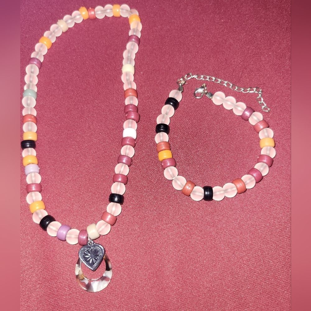 Beaded Unisex Black Heart charm Jewelry Set